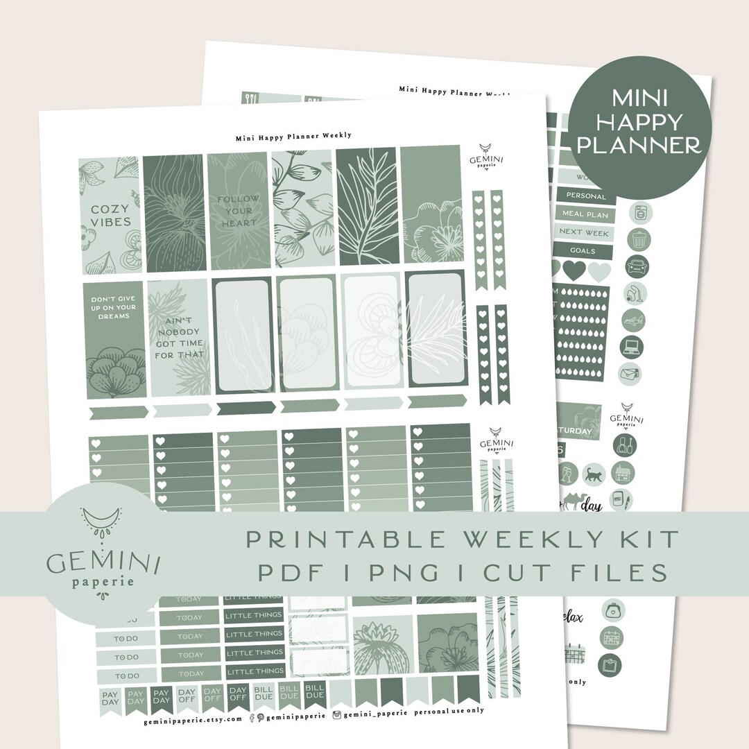 Mini Happy Planner Printable Stickers, Botanical Mambi Mini Weekly Kit ...