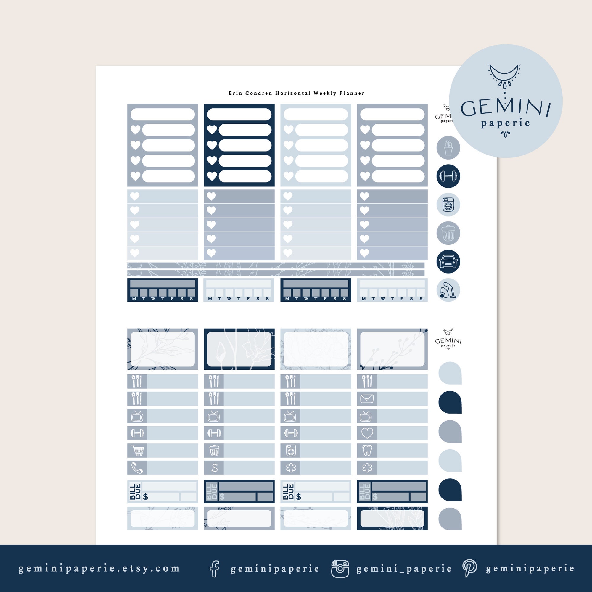Horizontal Weekly Kit, Printable Planner Stickers for Erin Condren Life ...