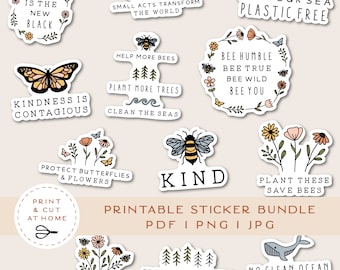 Save the Earth Vinyl Sticker, Be Kind Printable Stickers Bundle, Flower Decals, Animal Sticker, DIY Cricut PNG Stickers, Print & Cut Sticker