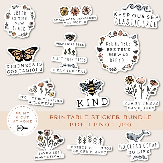 Save the Earth Vinyl Sticker, Be Kind Printable Stickers Bundle