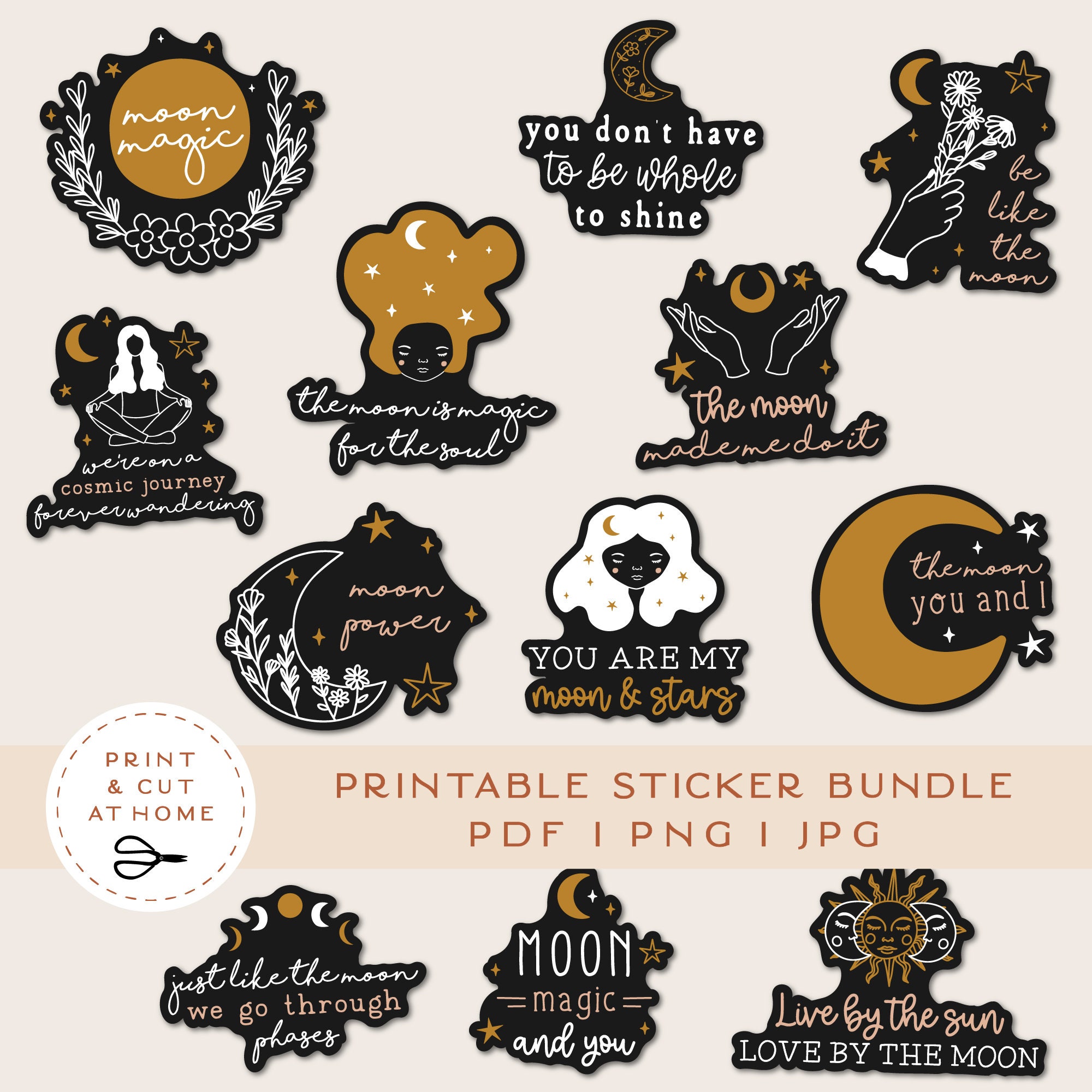 Bullet Journal Printable Stickers, Celestial Magic Moon Clipart