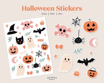 Halloween Sticker Sheet, Halloween PNG, Halloween Planner Stickers, Journal Stickers, Witchy Aesthetic, Cute Halloween Stickers