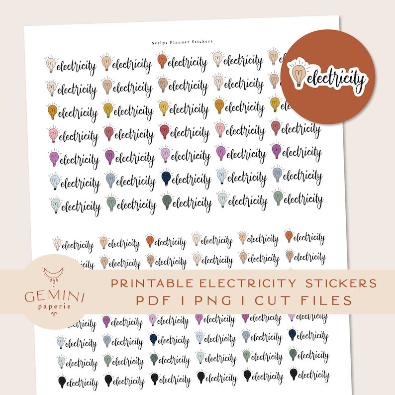 Electricity Printable Stickers, Planner Script Stickers, DIY Printable ...
