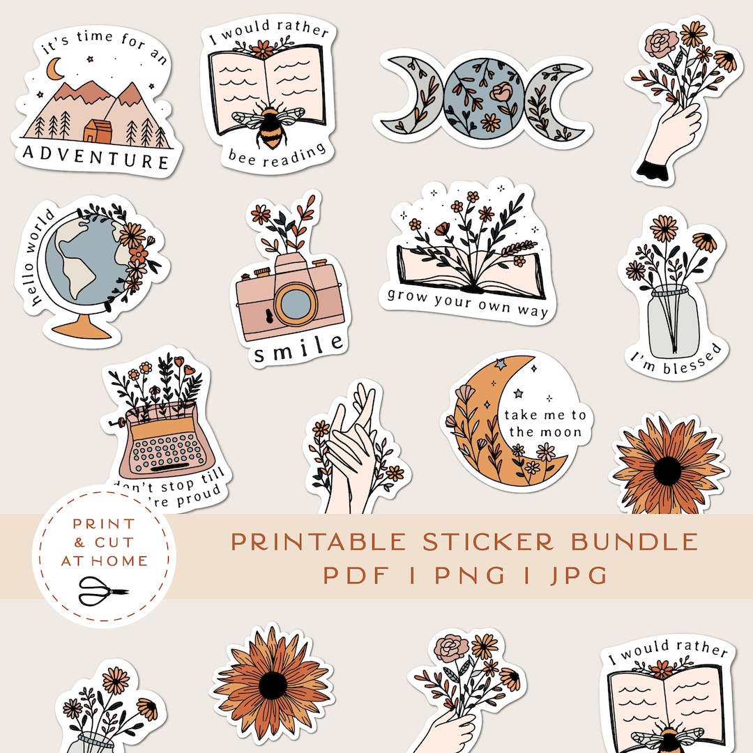 Printable Stickers Bundle, Floral Vinyl Sticker, Laptop Decal, Moon Book  Star Clipart, Botanical Cricut PNG Stickers, Print & Cut Sticker 