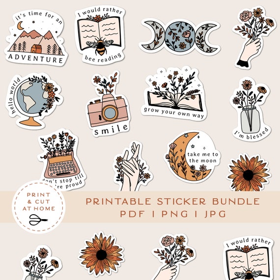 Printable Stickers Bundle, Floral Vinyl Sticker, Laptop Decal, Moon Book  Star Clipart, Botanical Cricut PNG Stickers, Print & Cut Sticker 