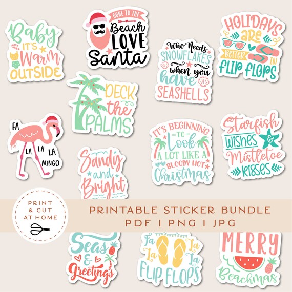 Summer Christmas Sticker Bundle, Summer Christmas Printable Sticker Bundle, Vinyl Stickers, Holiday Sticker Bundle, Christmas Clipart