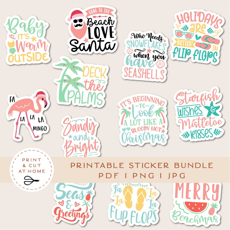 Puede incluir: Paquete de pegatinas imprimibles con una variedad de dise&ntilde;os con temas navide&ntilde;os y de playa. Las pegatinas presentan frases como "Beb&eacute;, hace calor afuera", "Fuera a la playa, amo a Santa", "Decora las palmas", "Arenoso y brillante", "Las vacaciones son mejores en chanclas", "&iquest;Qui&eacute;n necesita copos de nieve cuando tienes conchas marinas?", "Est&aacute; empezando a parecerse mucho a una Navidad sangrienta y caliente", "Deseos de estrellas de mar y besos de mu&eacute;rdago", "Mares y saludos", "Fa la la chanclas" y "Feliz Navidad en la playa".