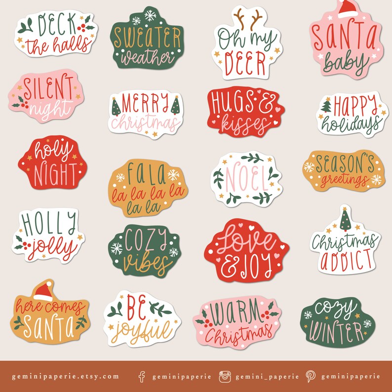 May include: A set of 16 Christmas-themed stickers with various festive phrases and designs. The stickers are in a variety of colors, including red, green, pink, and gold. Some of the phrases include "Deck the halls", "Merry Christmas", "Cozy Vibes", "Love & Joy", and "Santa Baby".
