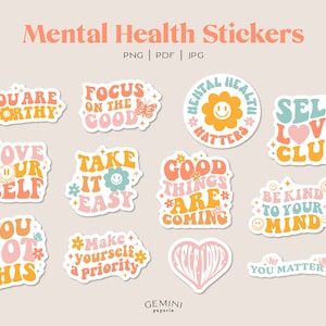 Retro Aufkleber für psychische Gesundheit, motivierende Zitate, positive Affirmationen, inspirierendes Zitat, Selbstpflege Png, druckbare digitale Aufkleber