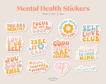 Retro Mental Health Stickers, Motivational Quotes, Positive Affirmations, Inspirational Quote, Self Care Png, Printable Digital Stickers