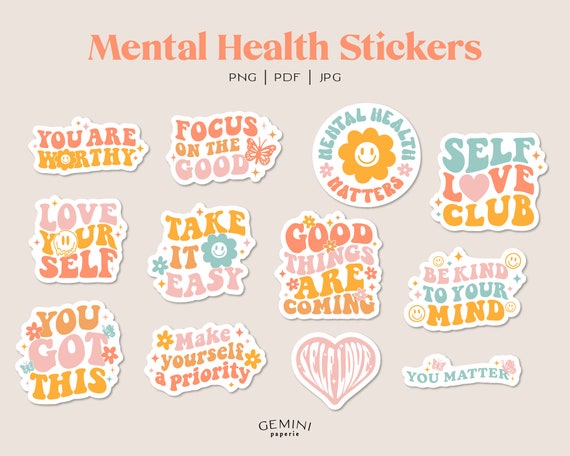 Retro Mental Health Stickers, Motivational Quotes, Positive Affirmations, Inspirational Quote, Self Care Png, Printable Digital Stickers