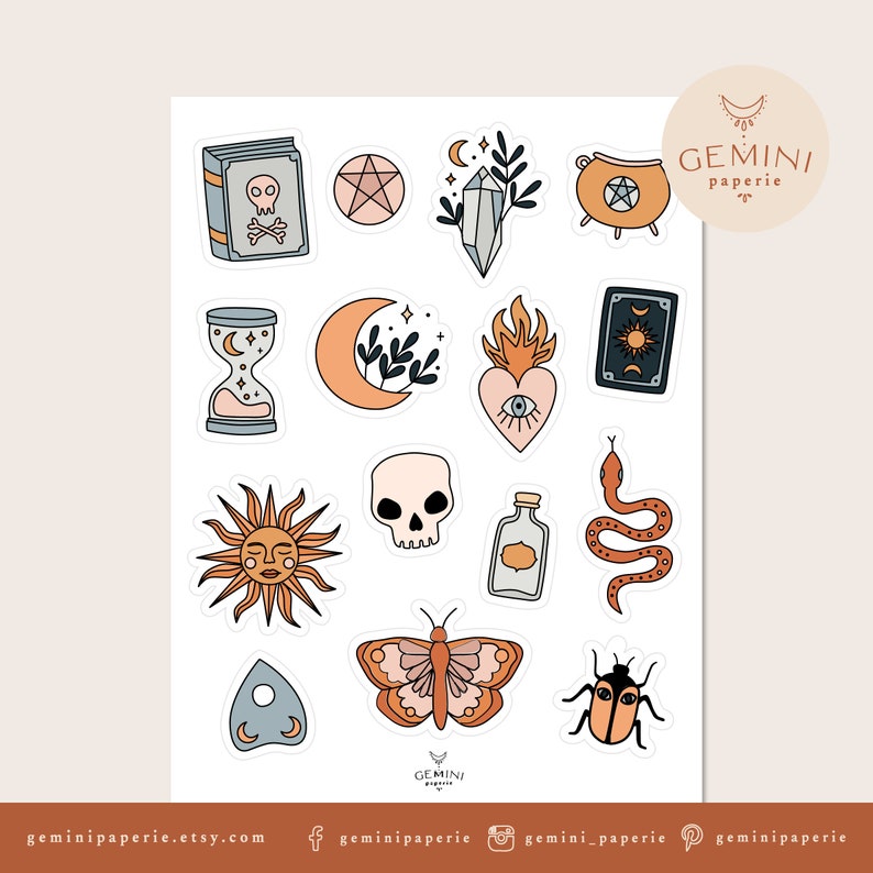 May include: A sticker sheet with mystical and celestial illustrations. Designs include a skull book, pentagram, crystal, cauldron, hourglass, crescent moon, sun, skull, potion bottle, snake, butterfly, and beetle. The stickers are in orange, beige, and blue.