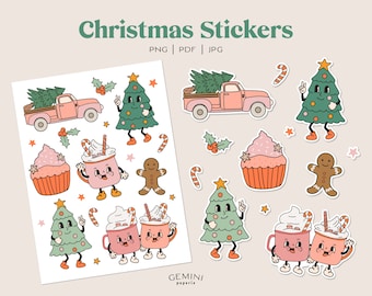 Christmas Stickers, Christmas Tree Png, Cartoon Christmas, Retro Stickers, Printable Planner Stickers, Bullet Journal Sticker, Vinyl Sticker