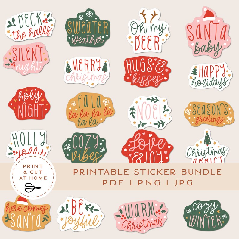 May include: Printable Christmas sticker bundle with 16 different designs. The stickers feature festive phrases like "Deck the Halls", "Cozy Vibes", "Santa Baby", and "Warm Christmas".