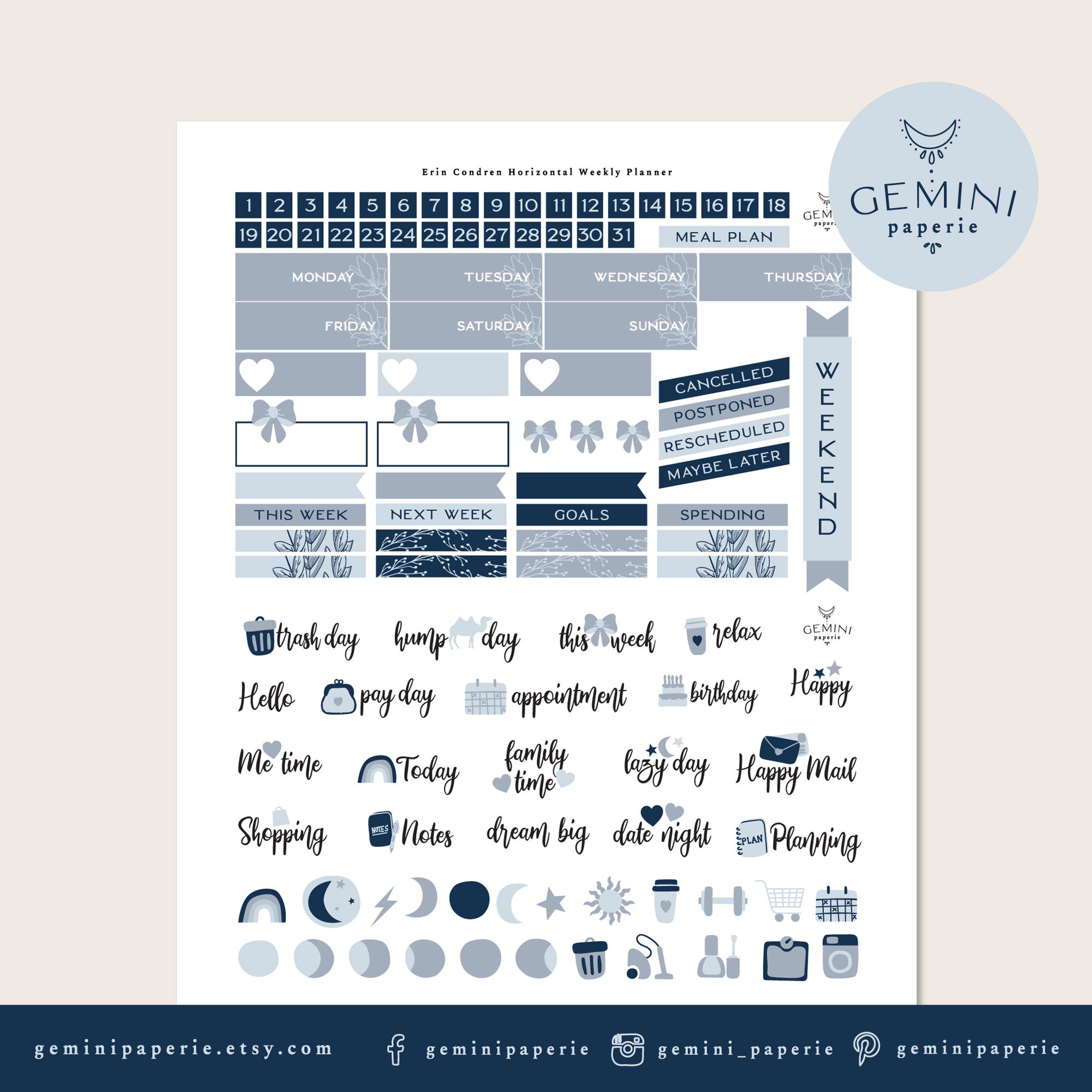 Horizontal Weekly Kit, Printable Planner Stickers for Erin Condren Life ...