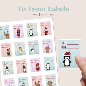 May include: A set of 16 printable Christmas gift tags featuring various festive characters like penguins, reindeer, and a gingerbread man. Each tag has a "To" and "From" section for writing names.