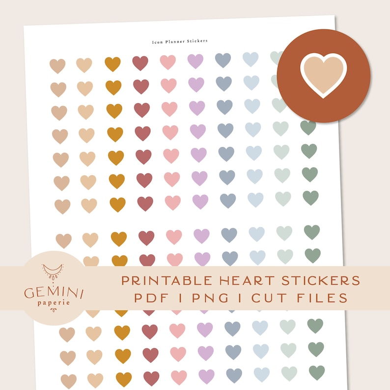Heart Icon Printable Planner Stickers, Functional Stickers for Planners image 1