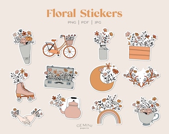 Floral Vinyl Sticker, Flower Stickers Bundle, Flower Bike Sticker, DIY Cricut PNG Stickers, Print & Cut Sticker, Botanical Stickers