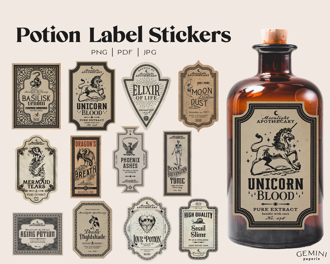 Prstincol 106 Pcs Potion Labels Stickers, Apothecary Stickers Dark  Aesthetic Wine Bottle Stickers for Scrapbooking, Wicca Stickers for Junk  Journal