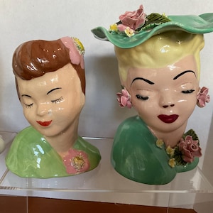 Vintage Lady Head Vase Set - Napco Lefton Inarco - Retro Decor