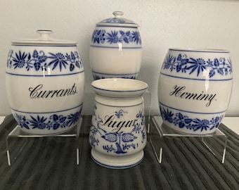 Blue and white porcelain canisters - blue onion pottery - made in Germany