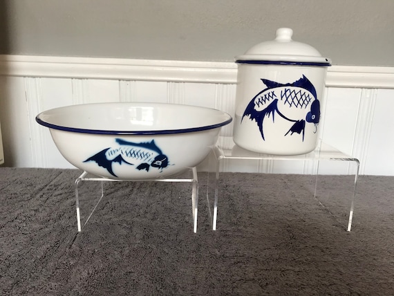 Blue and White Enamel Set Vintage Enamel Bowl and Cup With Lid