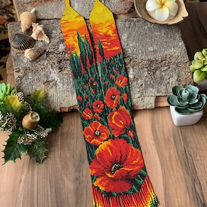 Poppy field. Sign of victory. Dawn. A wonderful selection of bright colors. Beaded necklace. Gerdan Ukraine. Jewelry handmade