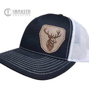 Engraved Leather Deer Patch Trucker Hat, Black & White