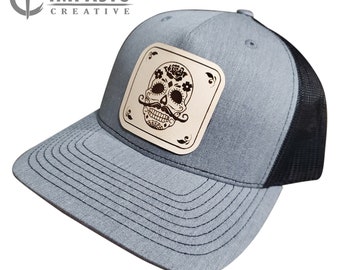 Sugar Skull Leather patch hat, calavera skull design, cool hat, black and gray trucker hat, gift idea, unisex hat, mens or womens hat