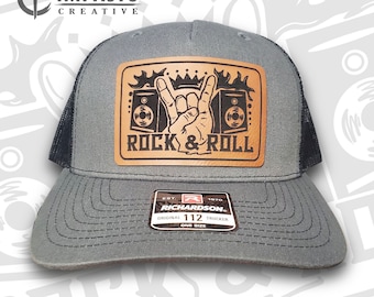 Rock and Roll Design Leather patch hat, cool hat, dark gray and black trucker hat, unisex hat, gift, music band mens or womens unique hat