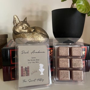 May include: Two wax melt clamshells. The left clamshell is labeled "Dark Academia" with the text "Series: The Dream Shop 3 oz | Soy Wax The Secret History". The right clamshell contains four brown wax melts.