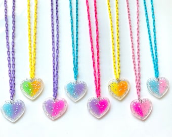 Kids Heart Necklace, resin necklace, 80’s inspired, glitter heart necklace