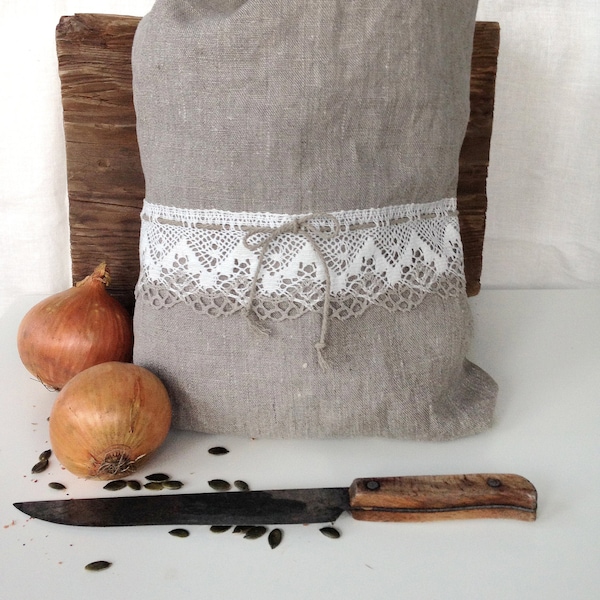 Large Natural Linen Bread Bag, Drawstring Bag with lace, bread loaf bag, flax cord, organic food storage, raw linen, reusable, pre-washed