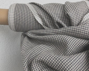 Plaid Beige/Gray 100% Linen fabric 185gsm, 145cm/58inches wide. Medium weight,densely woven,prewashed,softened,for various sewn products