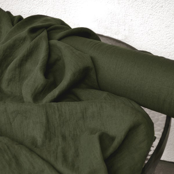 Moss/Army Green 100% Linen fabric 205gsm, 145cm/58inches wide. Medium weight,densely woven,prewashed,softened,for various sewn products