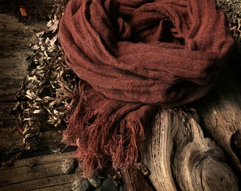 Rust color 100% Pure Natural Linen Soft Wrinkled shawl, gauze linen scarf, nice fringe, long linen scarf, lightweigt gauze linen,washed