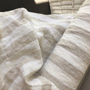 Striped Ivory White/Beige 100% Linen fabric 400gsm, 145cm/58inches wide. 30mm stripes, Densely woven,prewashed,softened,for sewn products