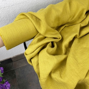 Chartreuse/Lemon Yellow 100% Linen fabric 205gsm, 145cm/58inches wide. Medium weight,densely woven,prewashed,softened,for sewn products