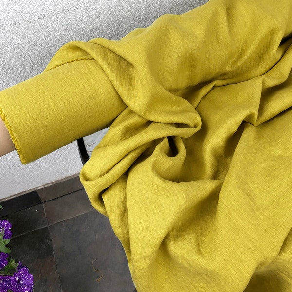 Chartreuse/Lemon Yellow 100% Linen fabric 205gsm, 145cm/58inches wide. Medium weight,densely woven,prewashed,softened,for sewn products