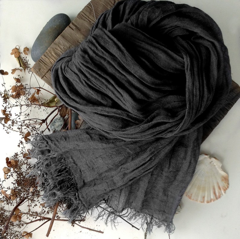 Extra Long Black Natural Linen Scarf Prewashed Gauzy Scarf Etsy