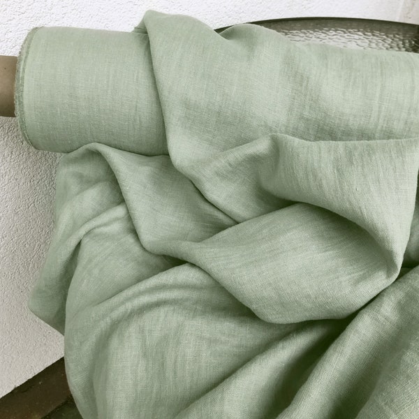 Tissu 100 % lin vert menthe poussiéreux 205 g/m², 145 cm/58 pouces de large. Épaisseur moyenne, à tissage dense, prélavé, adouci, pour divers produits de couture