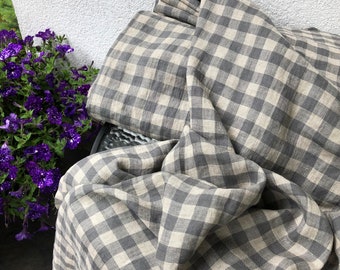 Plaid Beige/Gray 100% Linen fabric 165gsm, 145cm/58inches wide. Medium weight,densely woven,prewashed,softened,for various sewn products