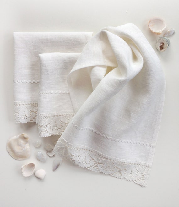 Ivory White Natural Linen Towels With a Beautiful Linen Lace Etsy