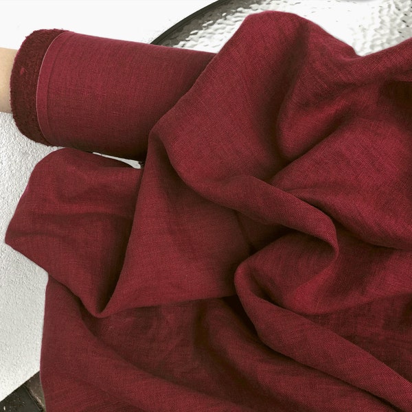 Dark Red 100% Linen fabric 205gsm, 145cm/58inches wide. Medium weight,densely woven,prewashed,softened,for various sewn products