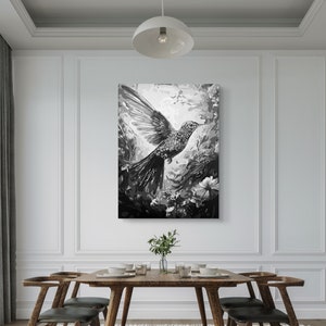 Hummingbird In Flowers Original Painting, Acrylic Painting, Black and White Painting, Bird Painting, Greyscale Original Acrylic Painting