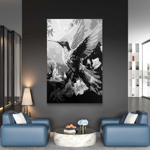 Hummingbird In Flowers Original Painting, Acrylic Painting, Black and White Painting, Bird Painting, Greyscale Original Acrylic Painting