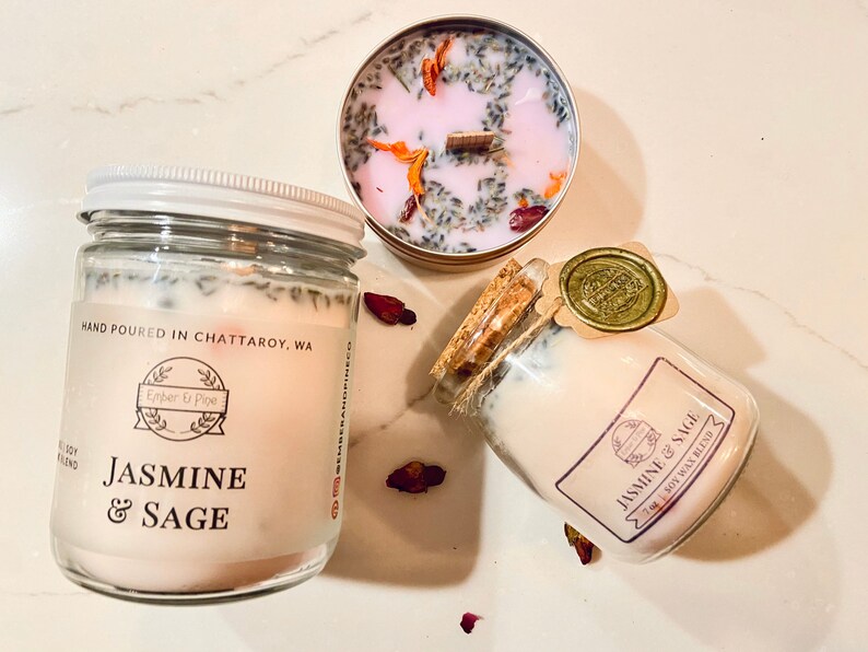 Jasmine & Sage Soy Candle Dried Herb Candle Dried Flower Etsy