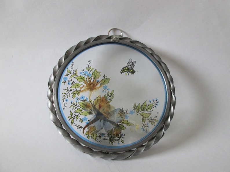 Glass Suncatcher with real flowers and applied bee and florals