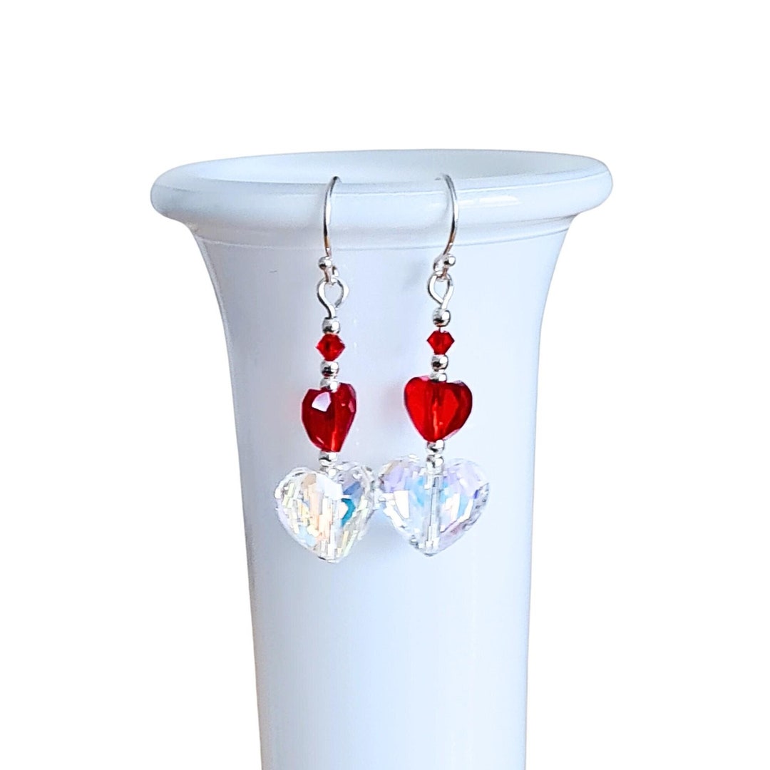 Valentine heart crystal earrings love romantic red jewelry: Clear