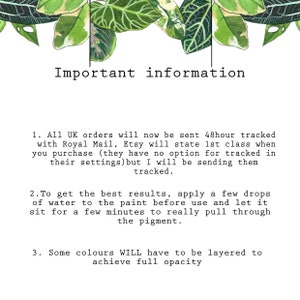 May include: Important information about UK orders, paint application, and color layering. All UK orders will now be sent 48-hour tracked with Royal Mail. Etsy will state 1st class when you purchase, but there is no option for tracked shipping. To get the best results, apply a few drops of water to the paint before use and let it sit for a few minutes to really pull through the pigment. Some colors will have to be layered to achieve full opacity.